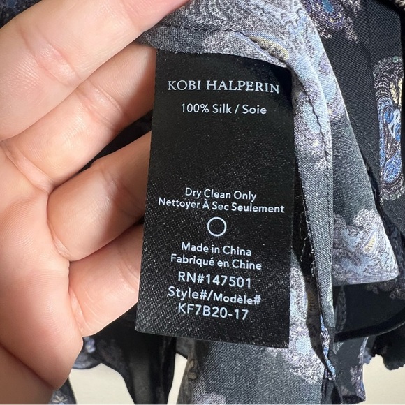 Kobi Halperin Womens Black Blue Paisley Ruffle Lace Up Sill Blouse Size Large - Picture 7 of 10